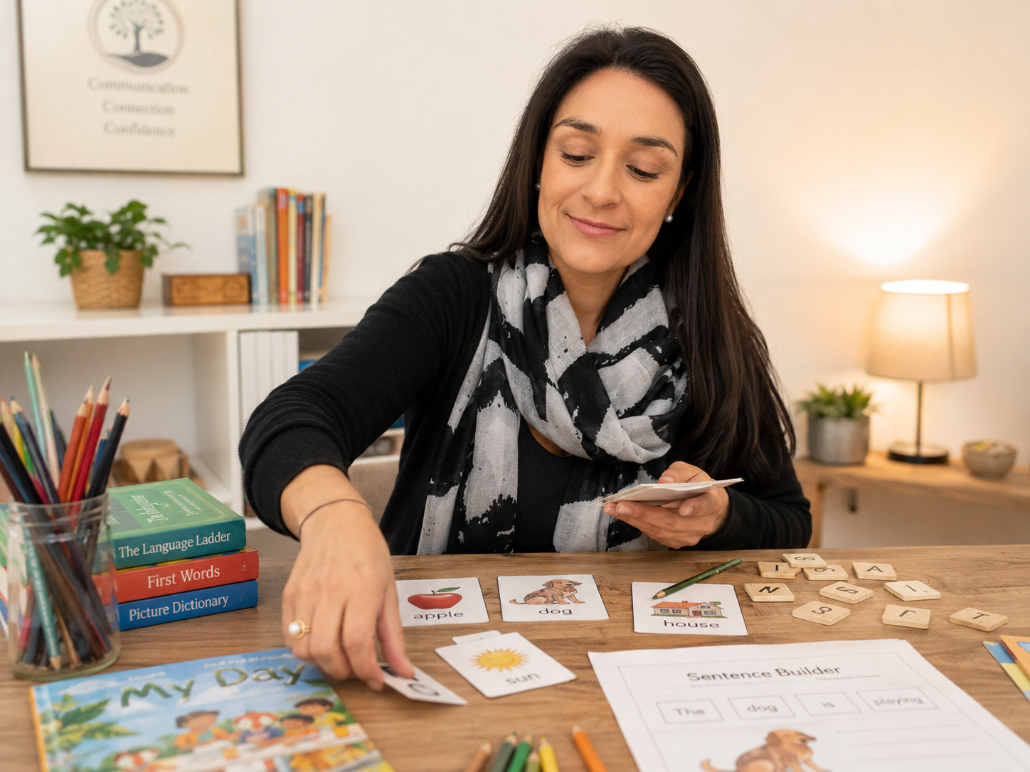 Rita preparing learning materials with picture cards and books